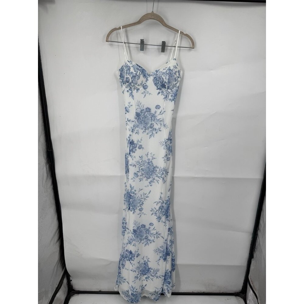 Lovesome Milk Maid Prairie Floral Maxi Dress Women S White Blue Fairy‎ Whimsical